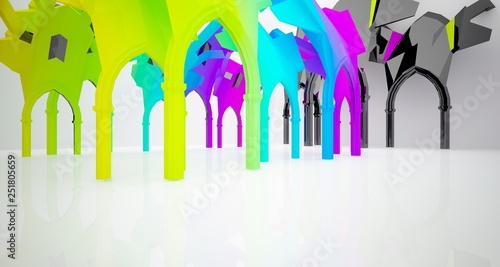 Abstract white and colored gradient gothic interior. 3D illustration and rendering.