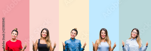 Collage of young beautiful woman over colorful stripes isolated background success sign doing positive gesture with hand, thumbs up smiling and happy. Looking at the camera with cheerful expression