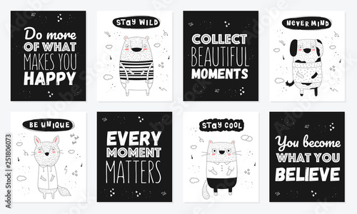 Vector poster collection with cartoon funny animals and hipster slogan