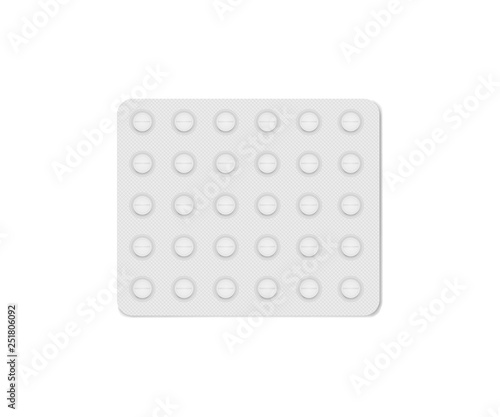 Medical pill blister square package isolated on white background, realistic mockup. 30 blank medicine tablets per pack, vector template