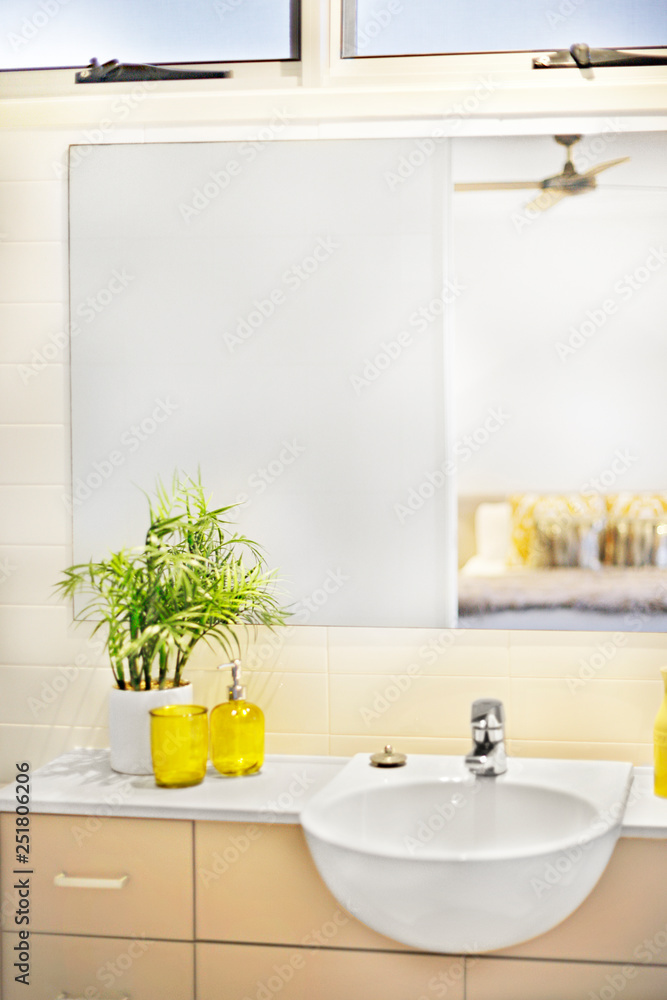 Fototapeta premium Washroom interior focusing the green plant and soap bottles