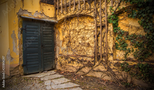 An old wooden external double door in old Gornji Grad in Zagreb
