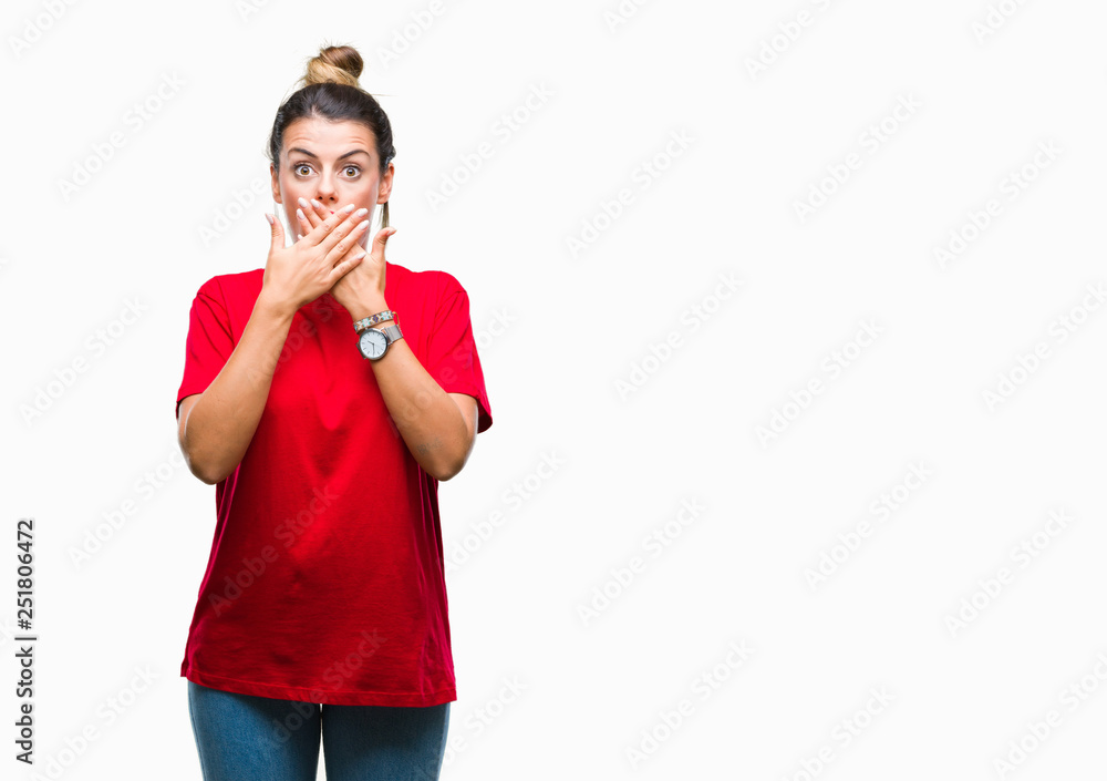 Young beautiful woman over isolated background shocked covering mouth with hands for mistake. Secret concept. Young beautiful woman over isolated background shocked covering mouth with hands for mistake. Secret concept.