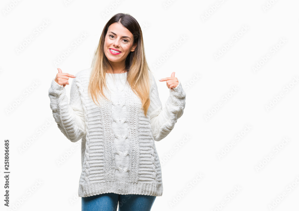Young beautiful woman casual white sweater over isolated background looking confident with smile on face, pointing oneself with fingers proud and happy. Young beautiful woman casual white sweater over isolated background looking confident with smile on face, pointing oneself with fingers proud and happy.