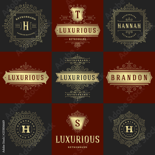 Luxury logos templates set, flourishes calligraphic elegant ornament lines.