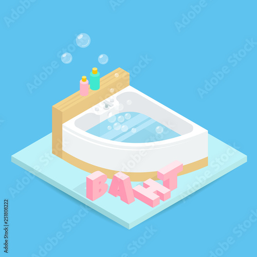 Bathtub filled with water. Soap bubbles. Tiles on the bathroom wall. Vector illustration of isometric isolated icon. Clean flat style.