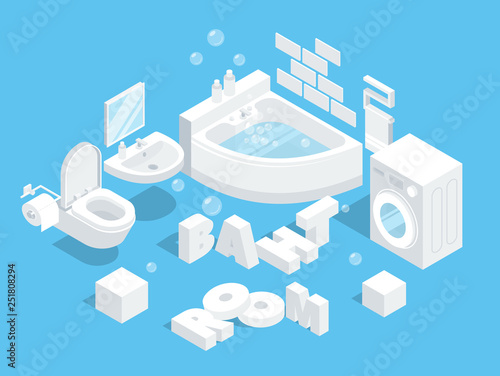 Bathroom interior vector illustration. Hanging toilet without tank. Sink with a mirror hanging on the wall. Automatic washing machine. Bathtub filled with water.