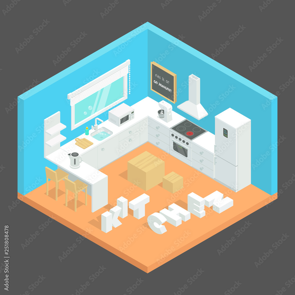 Kitchen interior vector illustration. Isometric room. The kitchen furniture and household appliances.