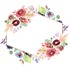Bouquets with flowers and fruits. Watercolor background illustration set. Frame border ornament square.