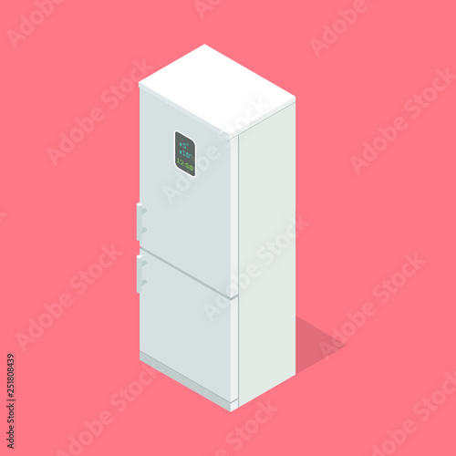 White three-dimensional fridge. Isometric vector illustration. Isolated icon of kitchen appliances.
