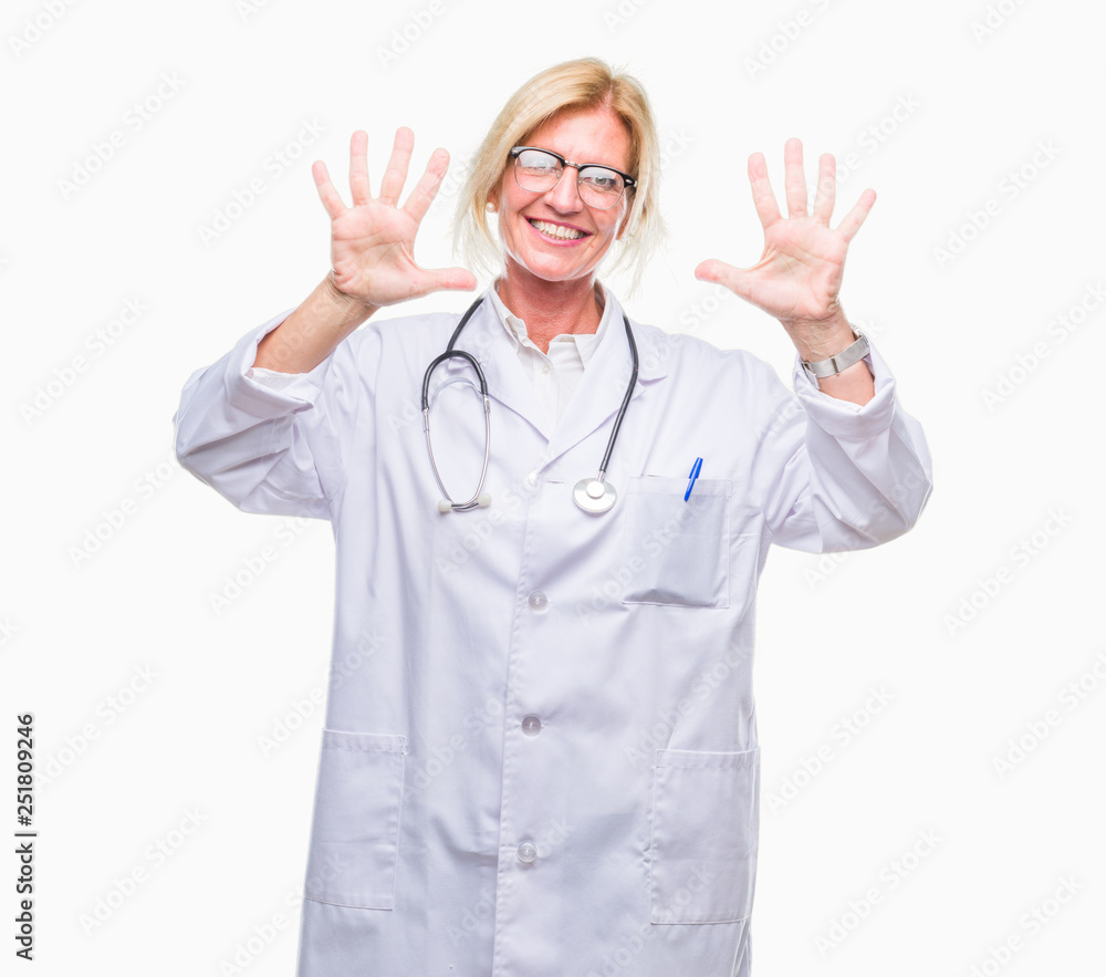 Middle age blonde doctor woman over isolated background showing and pointing up with fingers number ten while smiling confident and happy. Middle age blonde doctor woman over isolated background showing and pointing up with fingers number ten while smiling confident and happy.