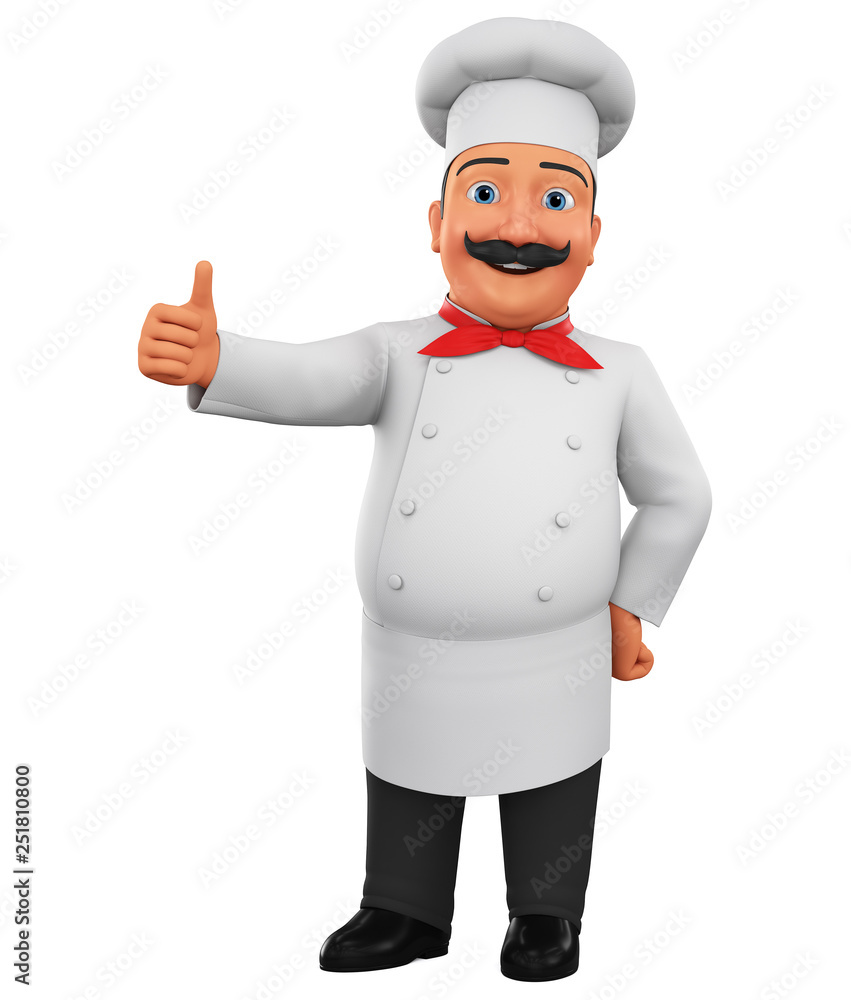 Cartoon chef character shows thumb up. 3d rendering. Illustration for advertising. Cartoon chef character shows thumb up. 3d rendering. Illustration for advertising.
