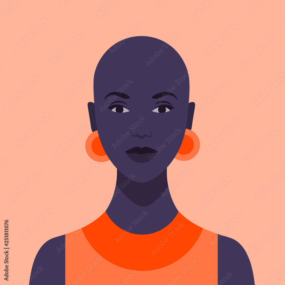 Beautiful African girl. Diversity. Portrait of a young woman without hair. Avatar. Vector flat illustration. Beautiful African girl. Diversity. Portrait of a young woman without hair. Avatar. Vector flat illustration.