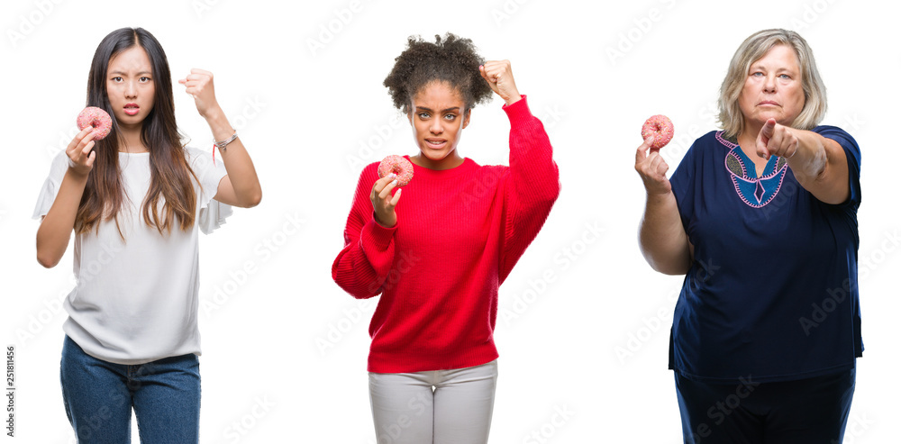 Collage of chinese, african american and caucasian people eating a donut over isolated background annoyed and frustrated shouting with anger, crazy and yelling with raised hand, anger concept Collage of chinese, african american and caucasian people eating a donut over isolated background annoyed and frustrated shouting with anger, crazy and yelling with raised hand, anger concept