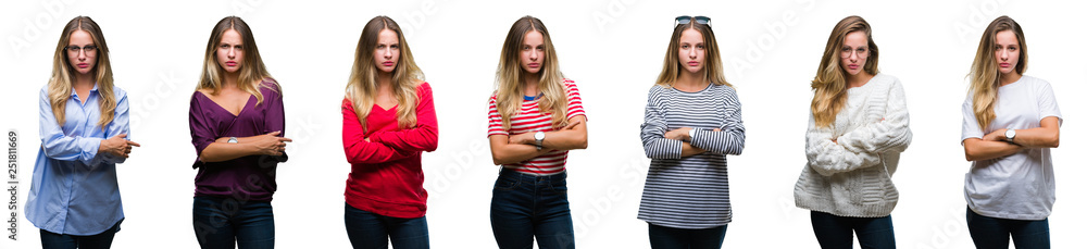 Collage of young beautiful blonde woman over isolated background skeptic and nervous, disapproving expression on face with crossed arms. Negative person. Collage of young beautiful blonde woman over isolated background skeptic and nervous, disapproving expression on face with crossed arms. Negative person.