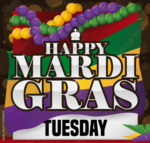 Calendar with Festive Flag, Collars, Feathers for Mardi Gras Carnival, Vector Illustration