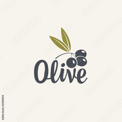 Olive vector icon or logo isolated on the light background. Badge for eco production of olives or fresh oil. Vector olive branch with leaf and drupe for cosmetics, medicine and cooking