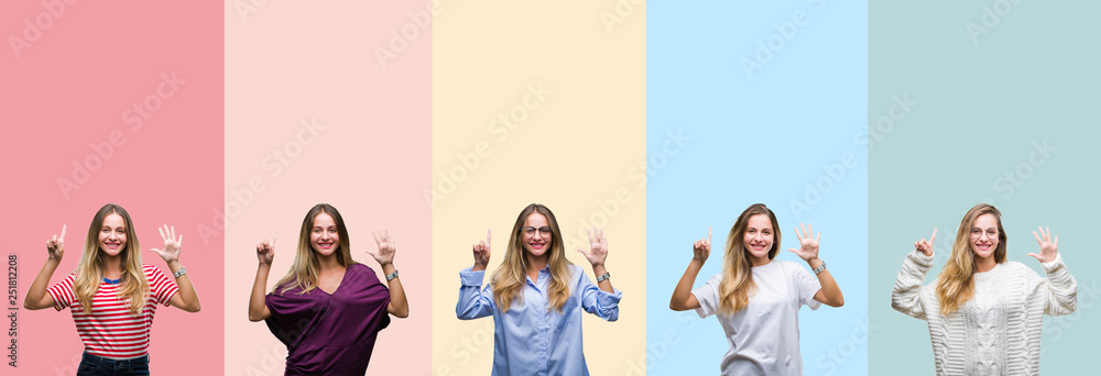 Obraz premium Collage of beautiful young woman over colorful stripes isolated background showing and pointing up with fingers number six while smiling confident and happy.
