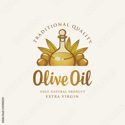 Vector label or banner for extra virgin olive oil with calligraphic inscription and glass bottle on light background in retro style