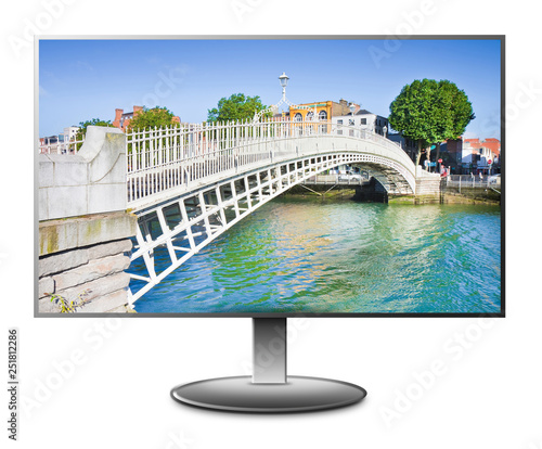 The most famous bridge in Dublin called Half penny bridge due to the toll charged for the passage - 3D rendering concept image with a computer monitor display