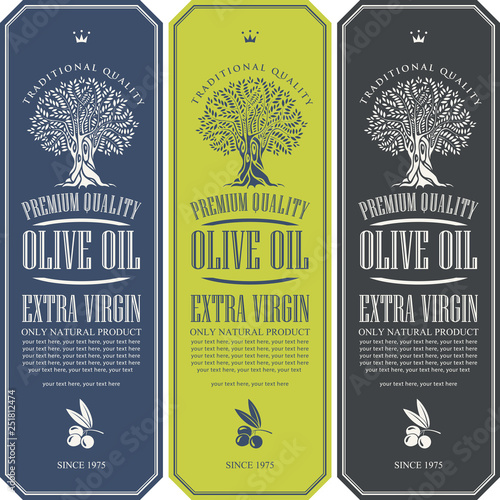Vector set of three labels for extra virgin olive oil with olive tree, olive sprig, inscription and place for text in figured frame in retro style.