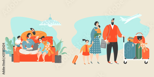 Vector conceptual illustration with happy family buying tickets online