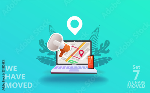 We have moved vector illustration concept. We have moved new office icon location.  Change location announcement business home map. Use for, landing page, template, ui, web, mobile app, poster, banner