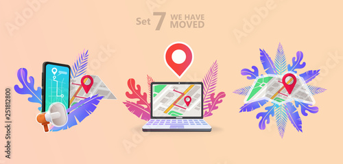 We have moved vector illustration concept. We have moved new office icon location.  Change location announcement business home map. Use for, landing page, template, ui, web, mobile app, poster, banner