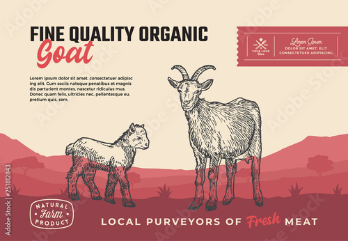 Fine Quality Organic Goat. Abstract Vector Meat Packaging Design or Label. Modern Typography and Hand Drawn Goat with Goatling Silhouettes. Rural Pasture Landscape Background Layout with Banner