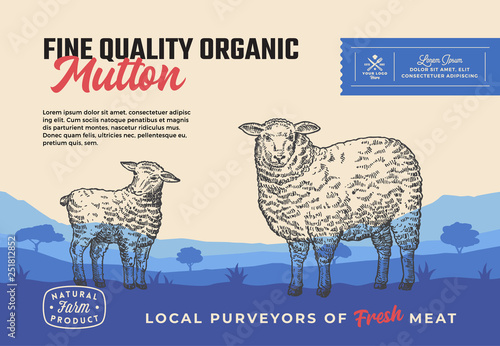 Fine Quality Organic Mutton. Abstract Vector Meat Packaging Design or Label. Modern Typography and Hand Drawn Sheep with Lamb Silhouettes. Rural Pasture Landscape Background Layout with Banner