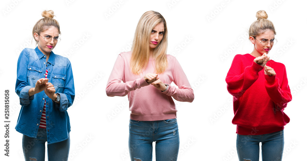 Collage of young beautiful blonde woman over isolated background disgusted expression, displeased and fearful doing disgust face because aversion reaction. With hands raised. Annoying concept. Collage of young beautiful blonde woman over isolated background disgusted expression, displeased and fearful doing disgust face because aversion reaction. With hands raised. Annoying concept.