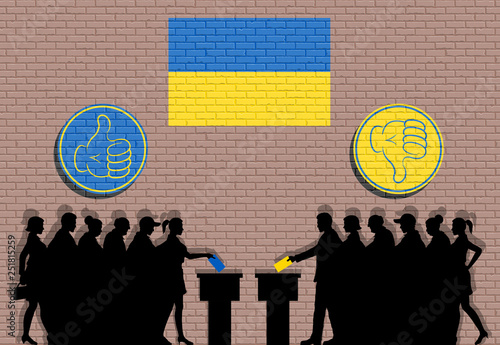 Ukrainian voters crowd silhouette in election with thumb icons and Ukraine flag graffiti