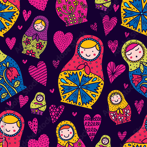 Matryoshka and heart. Cute babushka.Seamless pattern can be used for wallpaper, pattern fills, web page background, surface textures.