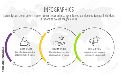 Modern and simple flat vector illustration. Infographic template with three circles, elements, sectors and percentages. Designed for business, presentations, web design, interface 3 step diagrams.