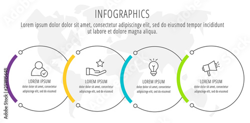 Modern and simple flat vector illustration. Infographic template with four circles, elements, sectors and percentages. Designed for business, presentations, web design, interface 4 step diagrams