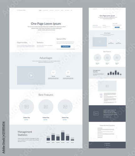 One page website design template for business. Landing page wireframe. Flat modern responsive design. Ux ui website: home, features, advantages, opportunities, statistics, FAQ, offer and management.