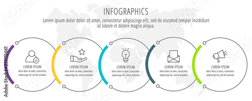 Modern and simple flat vector illustration. Infographic template with five circles, elements, sectors and percentages. Designed for business, presentations, web design, interface 5 step diagrams