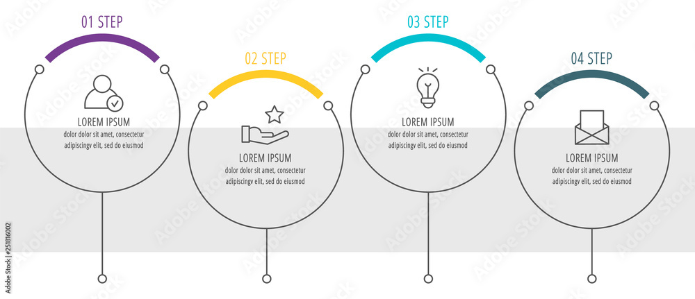 Modern and simple flat vector illustration. Infographic template with four circles, elements, sectors and percentages. Designed for business, presentations, web design, interface 4 step diagrams