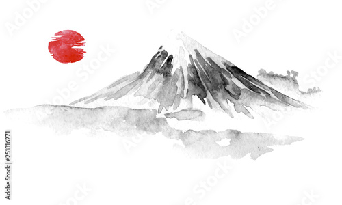 Japan traditional sumi-e painting. Fuju mountain. Indian ink illustration. Japanese picture.