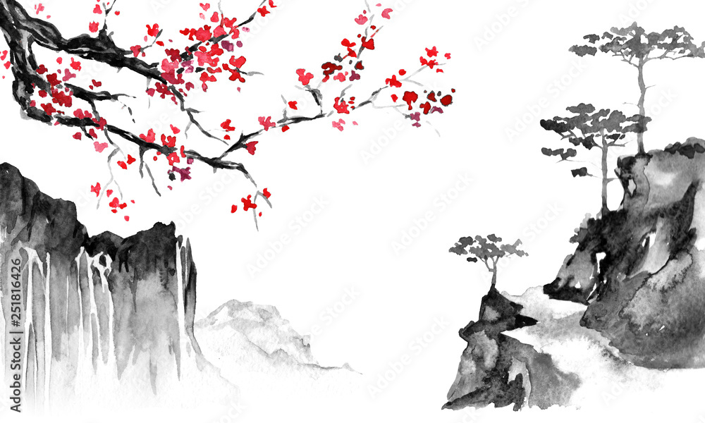 Japan traditional sumi-e painting. Indian ink illustration. Japanese picture. Sakura and mountains - obrazy, fototapety, plakaty 
