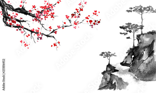 Japan traditional sumi-e painting. Indian ink illustration. Japanese picture. Sakura and mountains