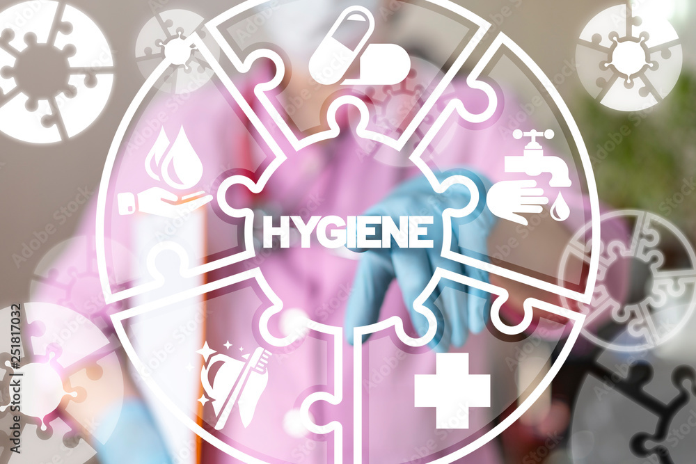 Obraz premium Doctor uses on a virtual screen of the future touching the word: HYGIENE. Hygieniс cleaning medical rules training. Hygiene health concept.