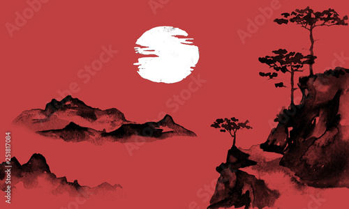 Japan traditional sumi-e painting. Indian ink illustration. Japanese picture. Sun and mountains photo