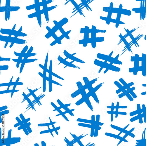 Hashtag signs. Number sign, hash, or pound sign. Seamless pattern of hand painted symbols isolated on a white background. Vector illustration