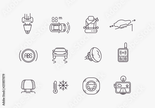 Set of automobile safety equipment. Cars safety line icons set. Automobile items. Thin line art design.