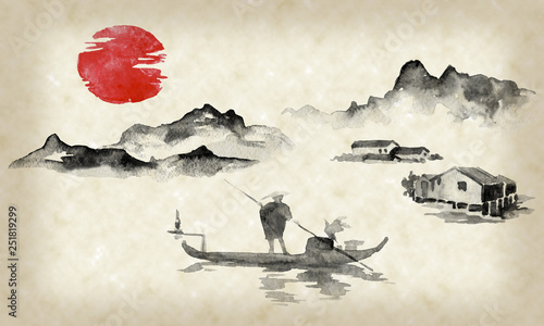 Japan traditional sumi-e painting. Indian ink illustration. Man and boat. Sunset, dusk. Japanese picture. photo