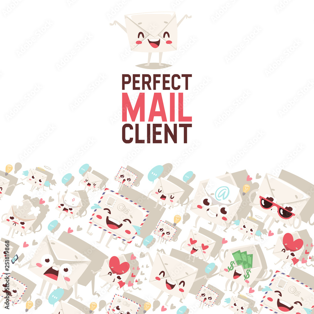 Obraz premium Mail envelope vector mailed post emoticon mailing lovely message letter kawaii email character backdrop emailing illustration smiling mail client background banner