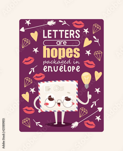 Mail envelope vector mailed post emoticon mailing lovely message letter kawaii email character with lips heart star backdrop illustration background poster