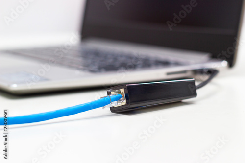 Blue CAT 6E UTP CABLE Connect to Port USB (Device USB To Lan) Concept Device Technology 