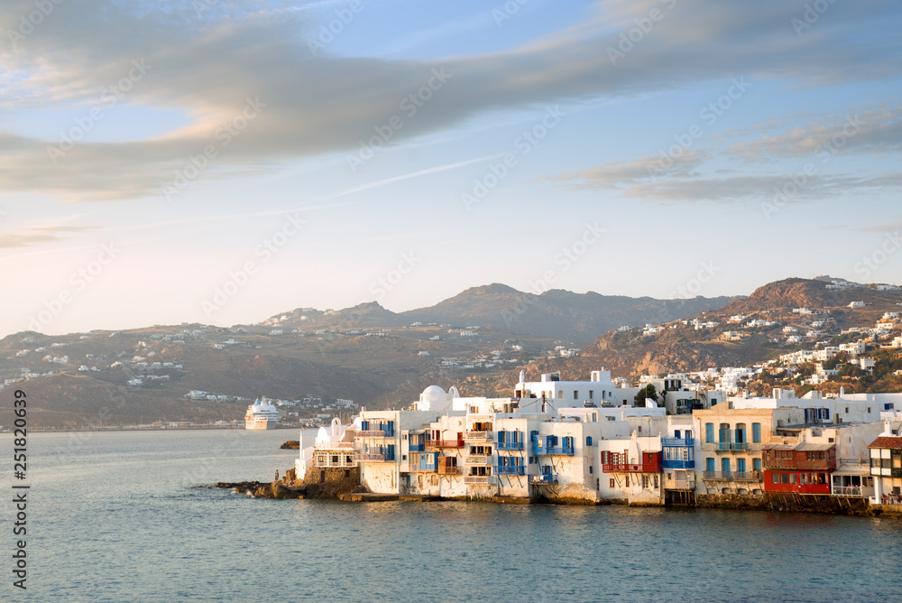 Mykonos bay view with houses by the water